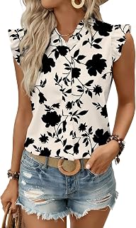 Womens 2026 Floral Chiffon Blouses V Neck Ruffle Sleeve Fitted Tops Boho Chic Tank Shirts
