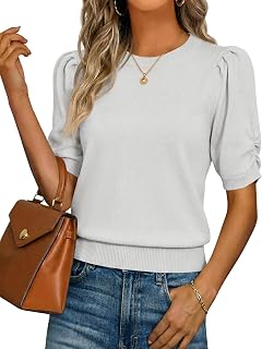 Womens Puff Sleeve Sweater Tops Ruffle Crew Neck Dressy Casual Loose Knit Pullover Shirts Blouses