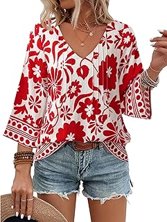 Womens V Neck 3/4 Sleeve Bohemian Casual Blouses Loose Fit Tunic Tops Shirt Boho Floral Vacation Clothes