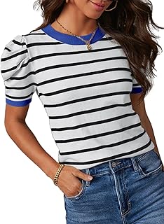 Women's Short Puff Sleeve Summer Sweater 2026 Trendy Crewneck Striped Casual Business Casual Knit Tops