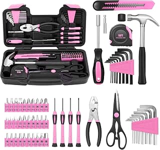 58 Piece Home Tool Set, General Household Hand Tool Kit with Plastic Toolbox Storage Case, All Purpose Household Tool Kit for Women, Girls and Ladies, Pink