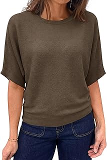 Womens Short Sleeve Sweater Summer Batwing Trendy Casual Boat Neck Lightweight Loose Fitting Knit Tops