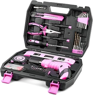 URASISTO 123 Piece Pink Household Tool Set with 3.6V USB Electric Screwdriver, Home Tool Kit with Cordless Lithium-ion Drill Driver, HandTool Kits for Women