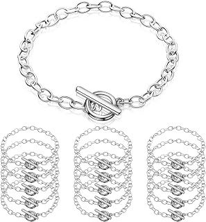 Junkin 20 Pieces Chain Bracelets Stainless Steel Link Bracelet Round Link Chain Bracelets with Ot Toggle Clasp Jewelry Bracelet Making for Women Valentine Present(Silver)