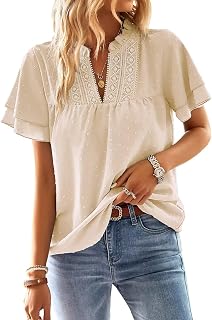 Womens Tops Butterfly Sleeve V Neck Blouses for Women Dressy Casual Flowy Swiss Dot Ruffle Short Sleeve Shirts