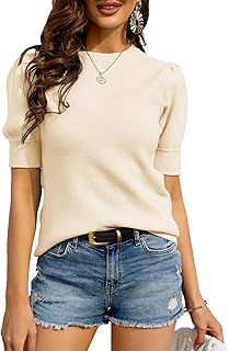 Womens Puff Short Sleeve Sweater Casual Summer Crew Neck Pullover Tops Ribbed Knit Sweater Blouse