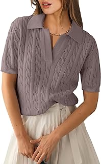 Women's Short Sleeve Sweaters Tops Polo V Neck Cable Knit Casual Soft Pullover Shirts 2026 Summer Outfits