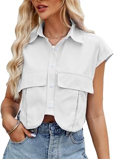 Womens Summer Cropped Short Cap Sleeve Shirts Solid Lapel Collar Button Down Crop Tops Blouse with Chest Pockets