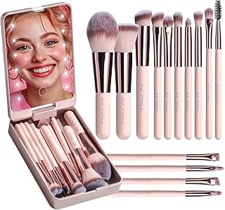 BS-MALL Makeup Brushes Foundation Powder Concealers Eye Shadows Makeup Set with LED light Mirror 14 Pcs Mini Makeup Brushes (APINK)