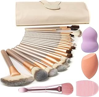 Makeup Brush Set, NEVSETPO 28PCS Make Up Brushes For Women Include 24 Makeup Brushes 2 Sponges, 1 Dual End Mask Spatula, 1 Brush Egg Cleaner, 1 Travel-Friendly Easy Clean Roll Up Makeup Bag