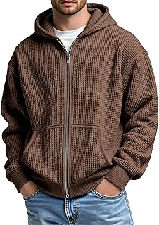 Mens Waffle Knit Hoodies Jackets Casual Full Zip Up Hooded Sweatshirts Long Sleeve Drawstring Loose Coats with Pockets