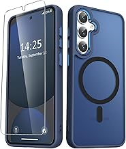YENAPOON for Samsung Galaxy S25 Case, Matte Magnetic Phone Case with 1 Screen Protector, Support for Magsafe, Translucent Frosted Shockproof Protective Cover for Samsung Galaxy S25, Navy Blue