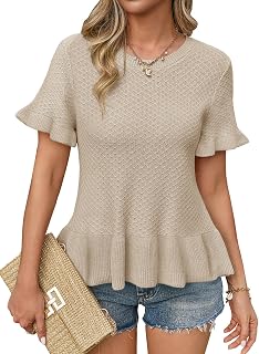 Womens Short Sleeve Sweater Round Neck Ruffled Hem Texture Knit Pullover Shirt Summer Beach Lightweight Tops