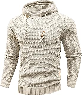 Mens Hooded Sweatshirt Long Sleeve Solid Knitted Hoodie Pullover Sweater