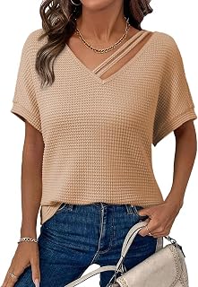Womens Summer Tops 2026 Waffle Knit Short Sleeve V Neck Cut Out Shirts Loose Tunic Tops Blouses