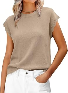 Women Summer Sweater Cap Sleeve Lightweight Pullover Soft Knit Top with Scallop Wavy