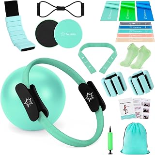 Pilates Equipment Kit for Home Workout, Pilates Ring and Ball Set for Women, 14'' Magic Circle Essentials Accessories Kit, Wrist Weights, Resistance Bands, Yoga Strap, Socks, Bag