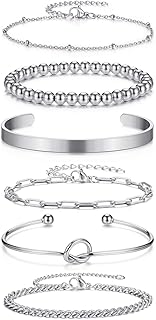 6Pcs Stainless Steel Bracelets for Women Men Silver/14K Gold Plated Beads Love Knot Cuff Paperclip Cuban Link Chain Bracelet Sets Jewelry Gifts Adjustable