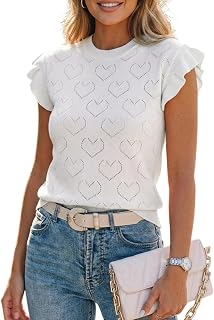 Summer Knit Tops for Women Ruffle Short Sleeve Shirts Hollow Out Heart Pattern Blouses Dressy Casual