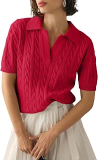 Women's Cable Short Sleeve Sweaters Tops Solid Lapel V Neck Knit Casual Soft Pullover Shirt