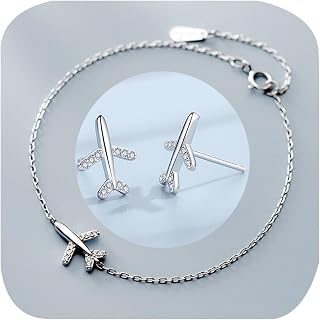 Cute Tiny Airplane Bracelet Stud Earring for Women Set 925 Sterling Silver Crystal Dainty Charm Link Bracelets Airline Jewelry Gifts for Souvenir for Freedom Lovers Attendants Pilots