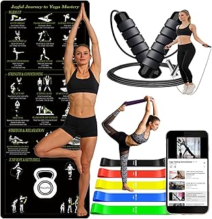 Lightweight and Portable Yoga Mat - Non-Slip Exercise Mat with Printed Yoga Poses for Pilates, Workout & Stretching - Includes Resistance Bands and Weighted Jump Rope - Home & Gym Use