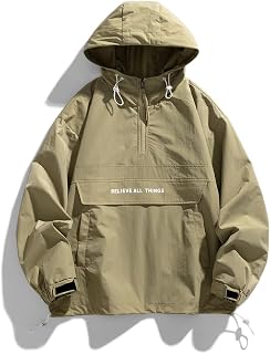 Men's Spring and Autumn pullover jacket with casual patchwork hooded drawstring jacket