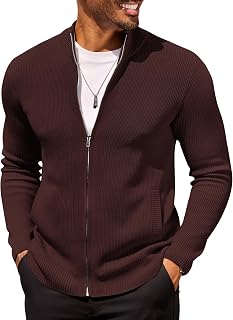 Mens Zip Up Cardigan Sweater Slim Fit Casual Full Zip Sweaters Knit Stand Collar Cardigans with 2 Front Pockets