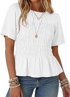Women Summer Tops Smocked Elastic Pleated Peplum Ruffle Hem Short Sleeve Babydoll Top Casual Crewneck Blouse