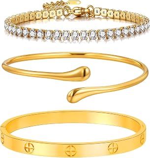 18K Gold Plated Love Bangle Bracelet Set Cubic Zirconia Classic Stainless Steel Watch Band Chains Wristband Gold Tennis Bracelets Stack for women