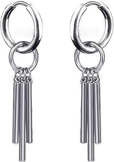 Personalized Punk Stainless Steel Three Bar Geometry Dangle Drop Hinged Hoop Huggie Earrings with Long Pendant for Women Men Unisex