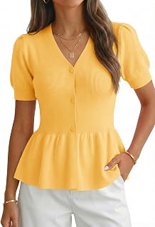 Womens Short Puff Sleeve Sweater Cardigan V Neck Summer Button Down Sweaters Peplum Cute Knit Babydoll Tops