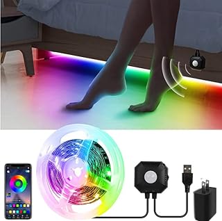 Motion Activated Under Bed Lights, 9.84ft 5050 RGB Color Changing LED Strip Lights with Sensor, APP Control and Music Sync, Dimmable Night Light for Bedroom Stair Father Day Gifts