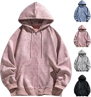 Men's Fleece Full-Zip Acid Wash Hoodie Sweatshirt Vintage Oversized Casual Suede Fall Jacket Hooded Streetwear