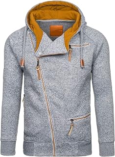 Mens Hooded Sweatshirts Asymmetric Zip Long Sleeve Drawstring Hoodies Slim Fit Casual Pullover with Multi-Pocket