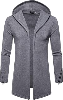 Men's Long Open Front Cardigan Lightweight Longline Fleece Hooded Cardigan Solid Zip Long Sleeve Coat Outwear (Light Grey,Large)