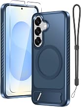 for Samsung Galaxy S25 Case with Screen Protector+Lanyard Wrist Strap,Magnetic Translucent Matte Rugged Slim Phone Cover Built in Invisible Kickstand [Fit for MagSafe],2025 Navy Blue