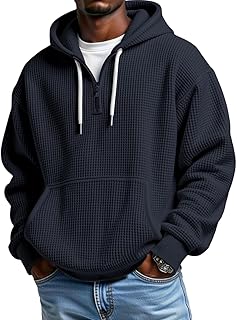 Men's Quarter Zip Hoodie Waffle Knit Pullover Long Sleeve Casual Loose Fit Sweatshirt Hooded Tops with Pockets