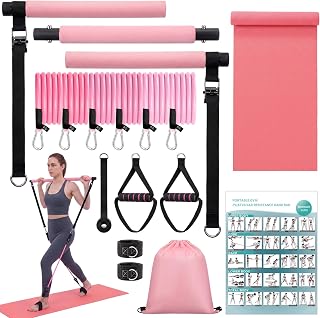 Pilates Bar Kit with Resistance Bands and Yoga Mat, Adjustable Metal Bar Portable Home Fitness Set for Women Full Body Workouts, Core, Strength, Stretching and Pilates Training