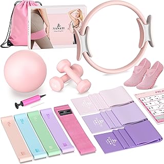 NANATI Pilates Kit, Home Pilates Workout Kit for Women, Pilates Equipment with 14.5" Pilates Ring and Ball, Resistance Bands, Dumbbells & Grip Socks for Home Workouts