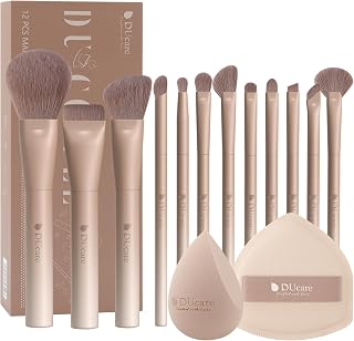 DUcare 14pcs Makeup Gift Set,12Pcs Coffee Series Makeup Brush set with 2pcs Makeup Sponges Foundation Blending Face Powder Blush Eye Shadows Brushes