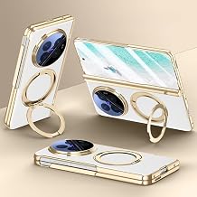 Magnetic Compatible with Vivo X Fold 6 2026 Leather Case with Rotating Magnetic Ring Stand, Wireless Charging Compatible, Built-in Screen Protector & Hinge Protection White