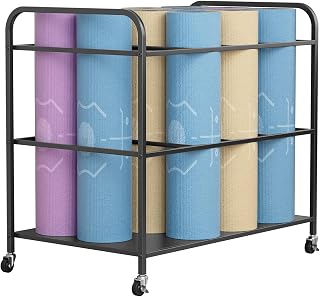Yoga Mat Storage Rack with Wheels, Home Gym Workout Equipment Storage Cart, Exercise & Fitness Organizer for Dumbbell, Kettlebells, Resistance Bands, Yoga Blocks, Foam Roller (Black)