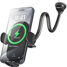 1Zero Solid Car Truck Phone Mount Wireless Charger Holder with 14-Inch Gooseneck Long Arm for iPhone 15 Pro Max Plus 14 13 12 11 XS X Samsung S24 Ultra S23 S22 S22 S21 S20 Pixel 9 Pro XL 8 7 6 5 4