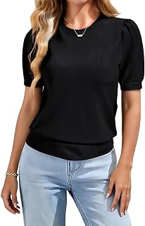 Women's Puff Short Sleeve Sweater Lightweight Dressy Casual Blouse Crewneck Knit Top Business Casual Outfits