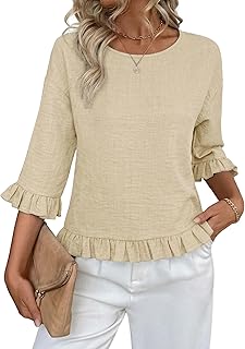 Womens 3/4 Sleeve Tops Summer Tshirts Ruffle Flowy Crew Neck Dressy Casual Blouses 2026 Trendy Cute Work Outfits