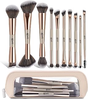 10 PCS Travel Makeup Brush Set With Bag, Makeup Brushes, Double-End Multi-functional Brushes for Foundation Powder Blush Eyeliner Eyeshadows, Professional Face Brush Set（Champagne Gold）