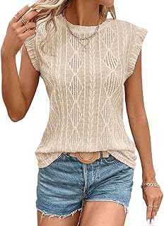 Women's Summer Tops Casual Crewneck Cap Sleeve Shirts Lightweight Crochet Knit Texture Tank Top Blouses