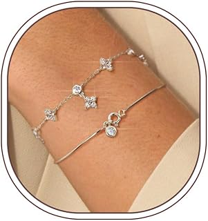 Gold Bracelets Stack, 14K Gold Silver Bracelets for Women Non Tainish Dainty Adjustable Waterproof Layered Stainless Steel Clover Flower Four Leaf CZ Herringbone Chain Stackable Bracelet Jewelry