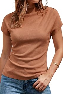 Women's Ruched Summer Tops Mock Neck Cap Sleeve Slim Fit Blouses 2026